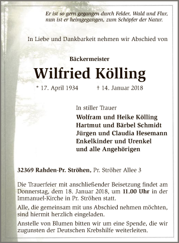 Traueranzeige von Wilfried Kölling von SYK