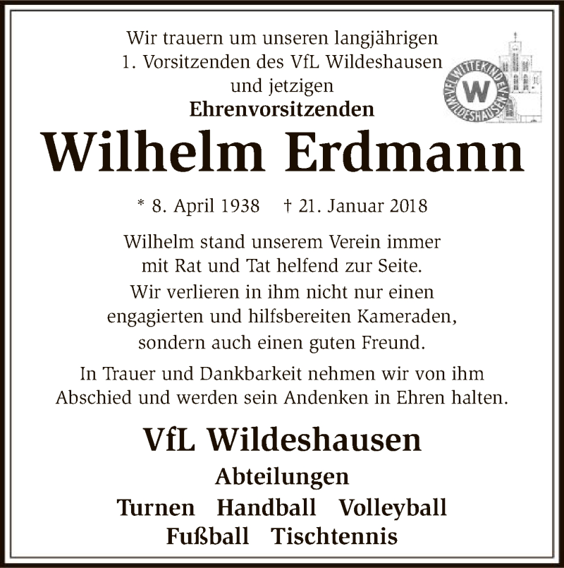  Traueranzeige für Wilhelm Erdmann vom 26.01.2018 aus SYK