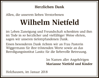 Traueranzeige von Wilhelm Nietfeld von SYK