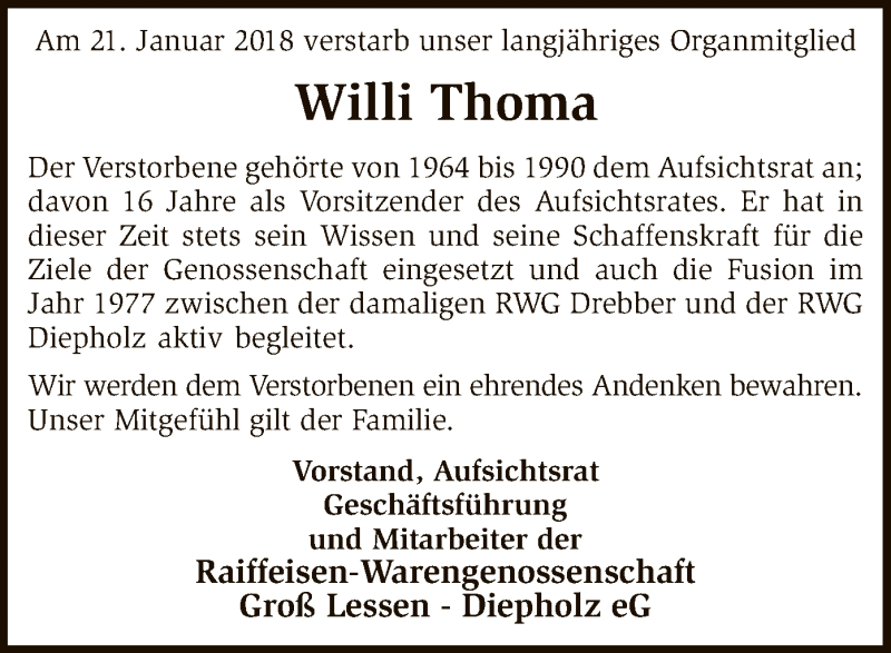  Traueranzeige für Willi Thoma vom 24.01.2018 aus SYK