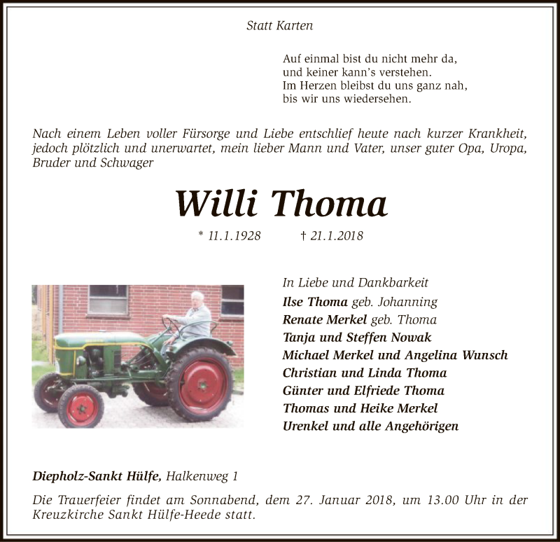  Traueranzeige für Willi Thoma vom 23.01.2018 aus SYK