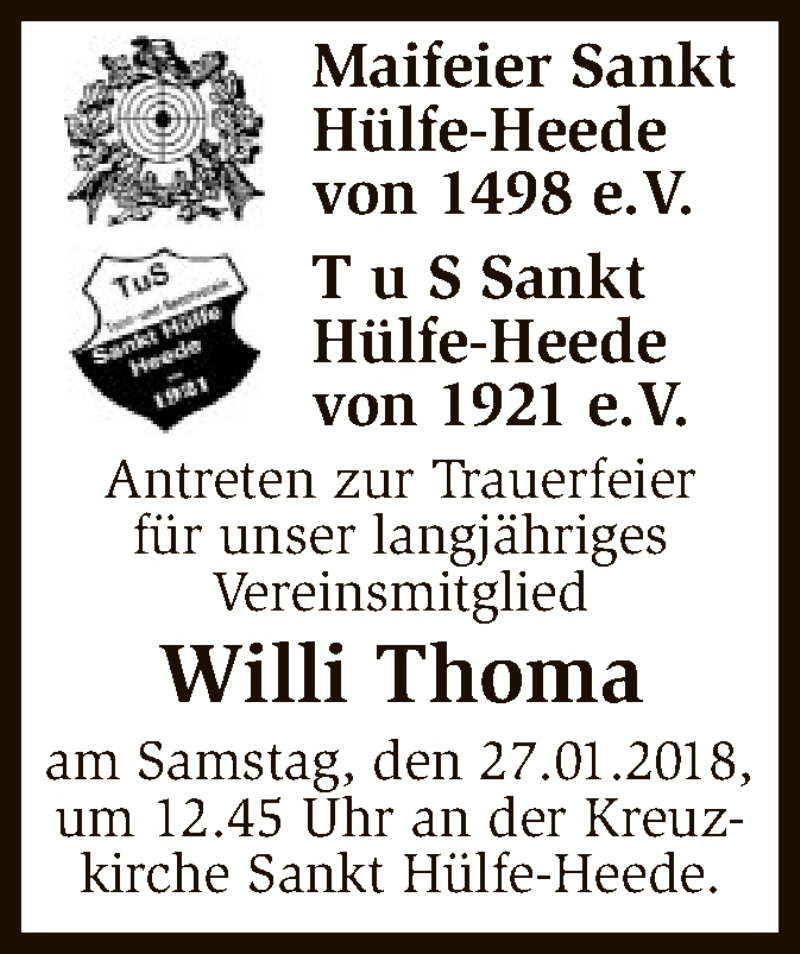  Traueranzeige für Willi Thoma vom 24.01.2018 aus SYK