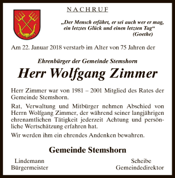 Traueranzeige von Wolfgang Zimmer von SYK