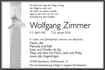 Traueranzeige von Wolfgang Zimmer von SYK