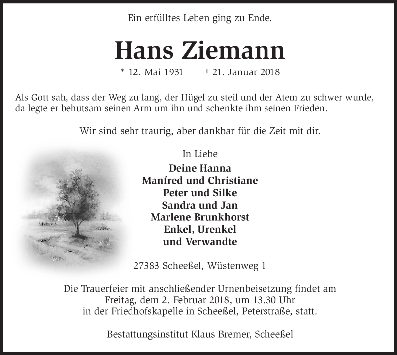  Traueranzeige für Hans Ziemann vom 27.01.2018 aus 