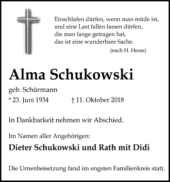 Traueranzeige von Alma Schukowski von SYK