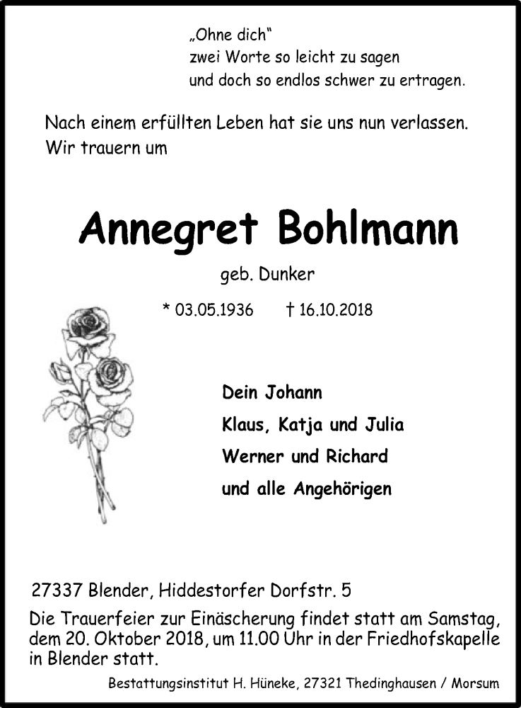  Traueranzeige für Annegret Bohlmann vom 18.10.2018 aus SYK