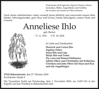 Traueranzeige von Anneliese Ihlo von SYK