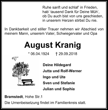 Traueranzeige von August Kranig von SYK