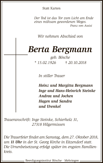 Traueranzeige von Berta Bergmann von SYK