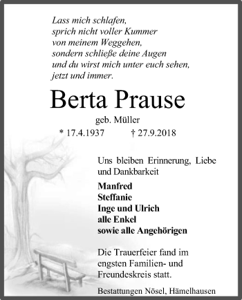 Traueranzeige von Berta Prause von SYK