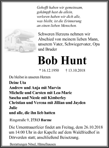 Traueranzeige von Bob Hunt von SYK