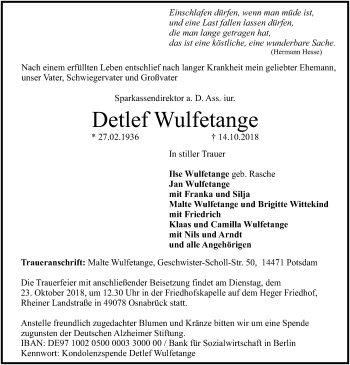 Traueranzeige von Detlef Wulfetange von SYK