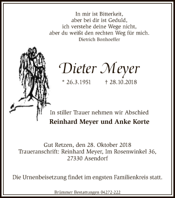 Traueranzeige von Dieter Meyer von SYK