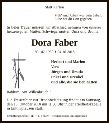 Traueranzeige von Dora Faber von SYK