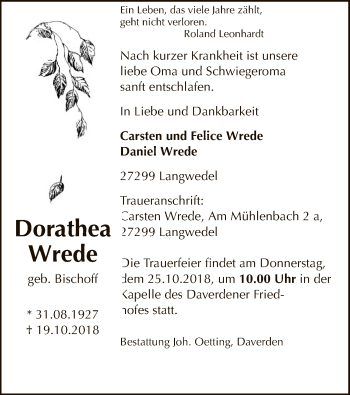 Traueranzeige von Dorathea Wrede von SYK