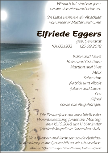 Traueranzeige von Elfriede Eggers von SYK