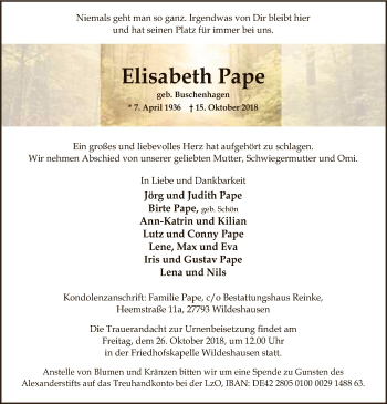 Traueranzeige von Elisabeth Pape von SYK