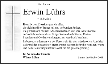 Traueranzeige von Erwin Lührs von SYK