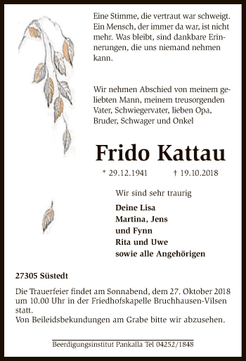 Traueranzeige von Frido Kattau von SYK