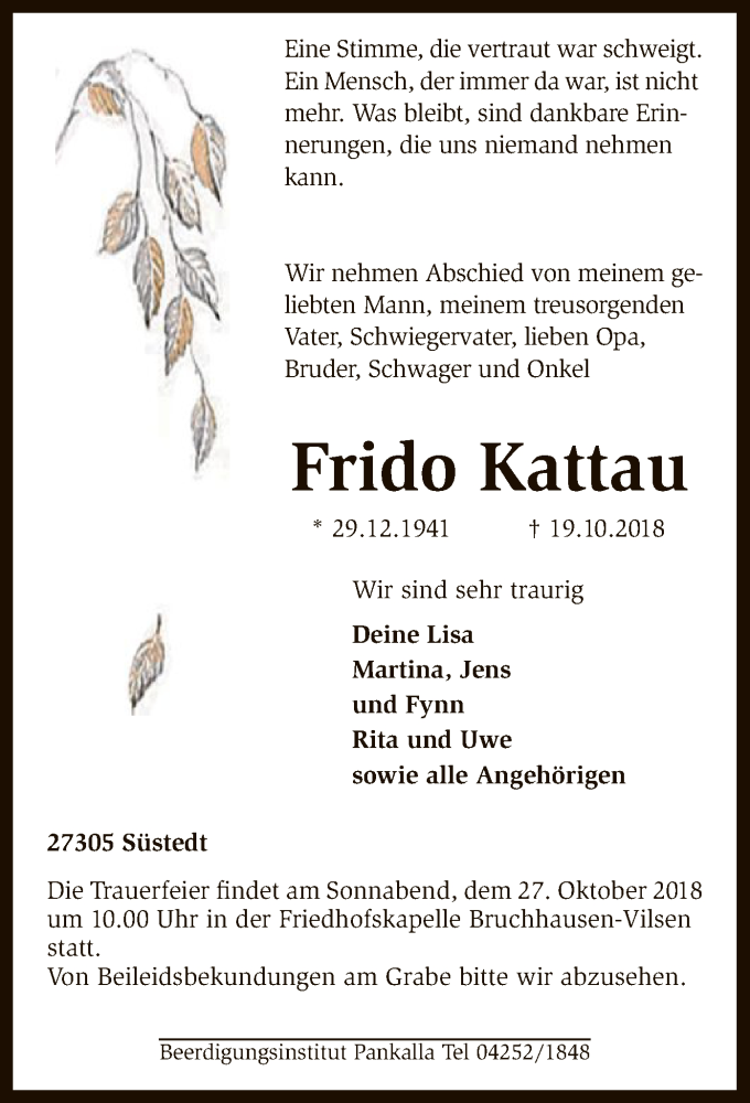  Traueranzeige für Frido Kattau vom 22.10.2018 aus SYK