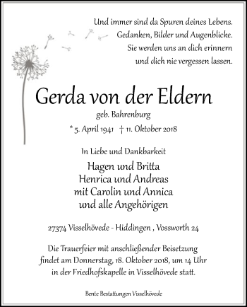 Traueranzeige von Gerda von der Eldern von SYK