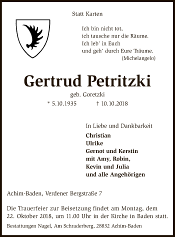 Traueranzeige von Gertrud Petritzki von SYK