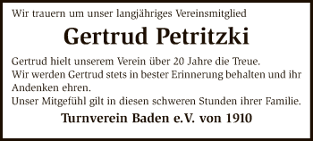 Traueranzeige von Gertrud Petritzki von SYK