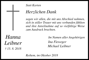 Traueranzeige von Hanna Leibner von SYK