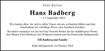 Traueranzeige von Hans Badberg von SYK