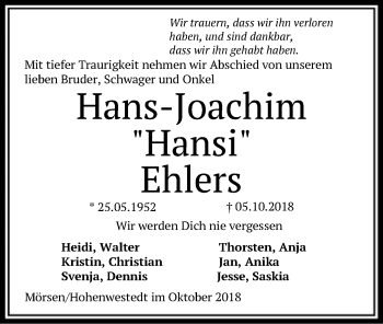 Traueranzeige von Hans-Joachim Ehlers von SYK