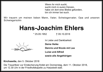 Traueranzeige von Hans-Joachim Ehlers von SYK