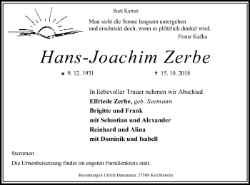 Traueranzeige von Hans-Joachim Zerbe von SYK