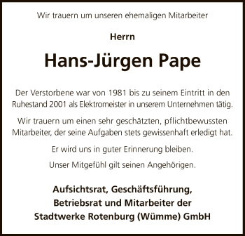 Traueranzeige von Hans-Jürgen Pape von SYK