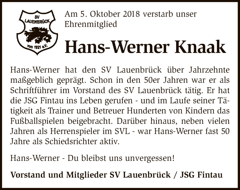  Traueranzeige für Hans-Werner Knaak vom 09.10.2018 aus SYK