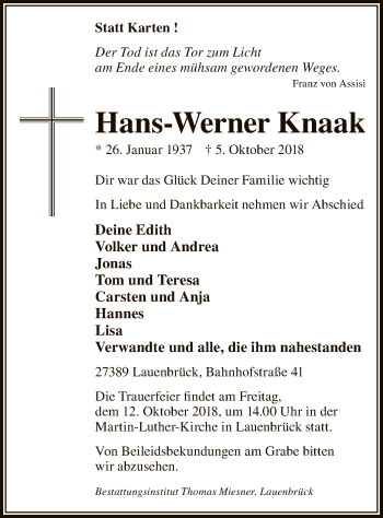 Traueranzeige von Hans-Werner Knaak von SYK