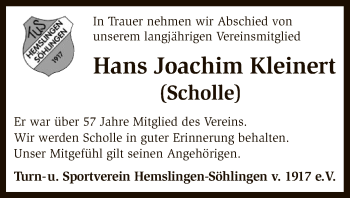 Traueranzeige von Hans Joachim Kleinert von SYK