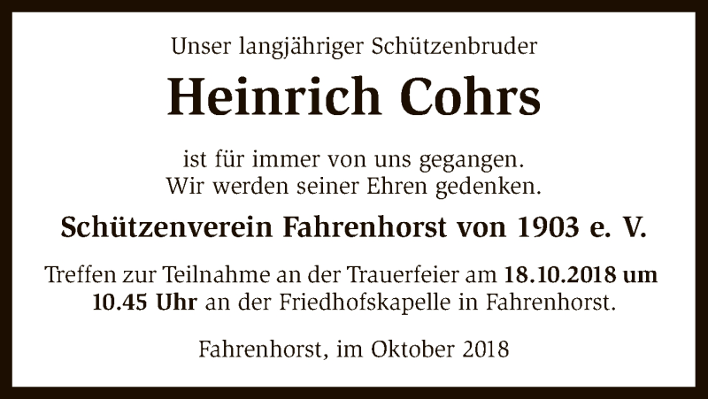  Traueranzeige für Heinrich Cohrs vom 13.10.2018 aus SYK