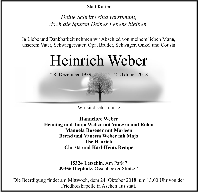  Traueranzeige für Heinrich Weber vom 20.10.2018 aus SYK