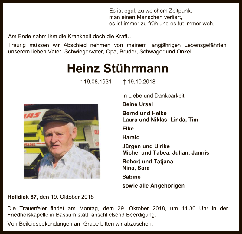  Traueranzeige für Heinz Stührmann vom 23.10.2018 aus SYK