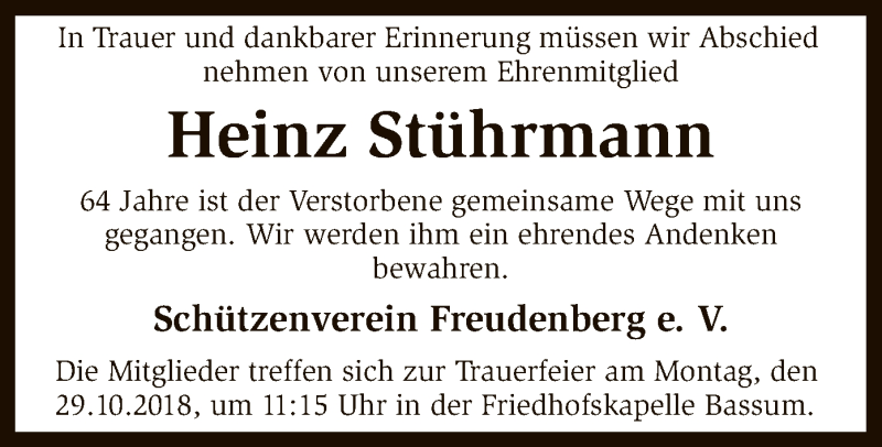  Traueranzeige für Heinz Stührmann vom 24.10.2018 aus SYK