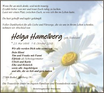 Traueranzeige von Helga Hamelberg von SYK