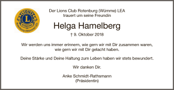 Traueranzeige von Helga Hamelberg von SYK