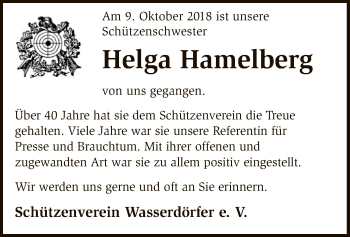 Traueranzeige von Helga Hamelberg von SYK