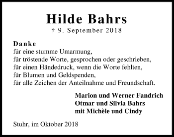 Traueranzeige von Hilde Bahrs von SYK