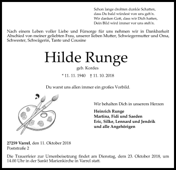 Traueranzeige von Hilde Runge von SYK