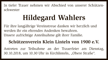 Traueranzeige von Hildegard Wahlers von SYK