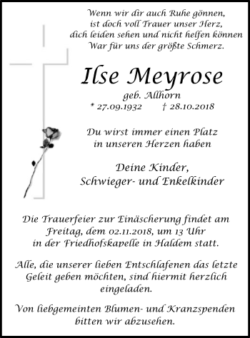 Traueranzeige von Ilse Meyrose von SYK