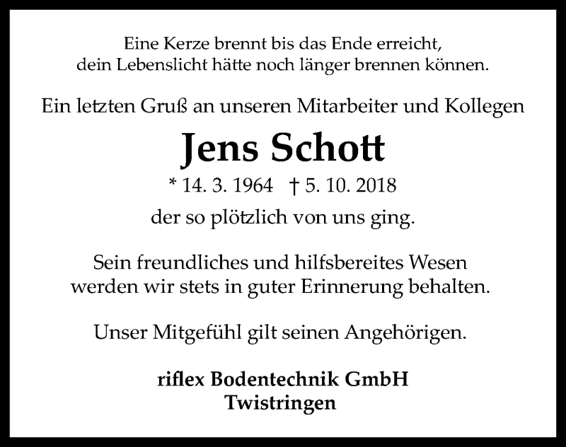  Traueranzeige für Jens Schott vom 13.10.2018 aus SYK