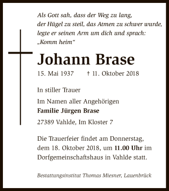 Traueranzeige von Johann Brase von SYK